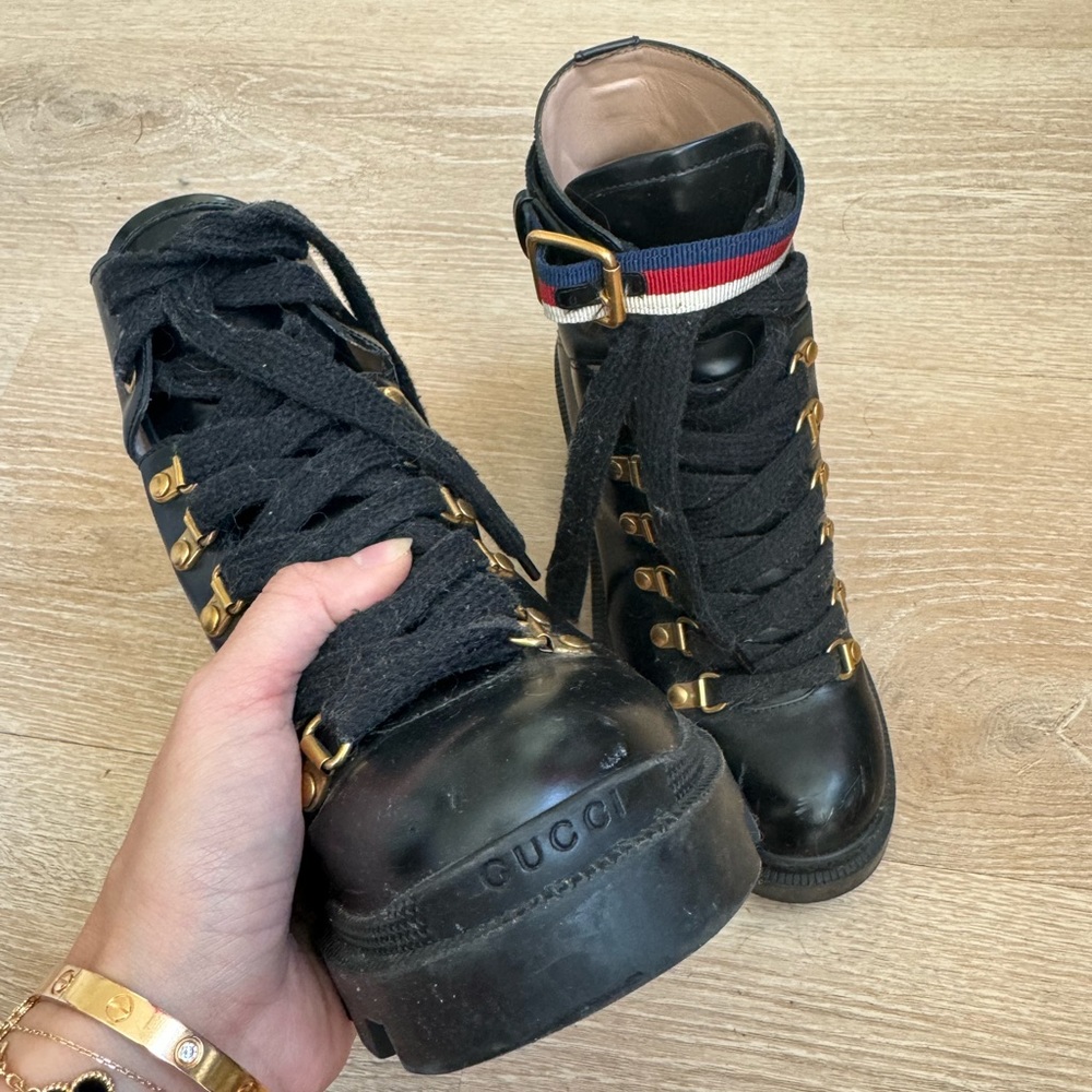 Gucci Calfskin Sylvie Web Womens Lace Up Combat Boots size 36 black - Picture 5 of 6